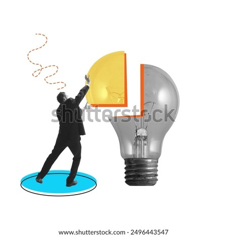 Man placing a missing part into a light bulb. Filling gaps, bringing ideas into reality, resolution. Contemporary art collage. Concept of business, problem solving, brainstorming