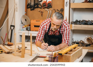 Man in plaid shirt and overalls working on a wooden project in his workshop, drawing on clipboard with pencil. Surrounded by tools and wood, woodworking and DIY craftsmanship, National Carpenters Day - Powered by Shutterstock