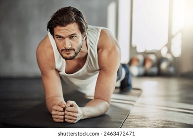 Man, plank and core exercise in gym, strong muscle gain and bodybuilder challenge or endurance. Male person, workout and fitness or health development, training and athlete for lifting body weight - Powered by Shutterstock