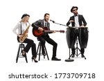 Man playing an acoustic guitar, female sax player and a man conga drummer performing in a band isolated on white background
