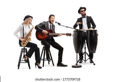 Man playing an acoustic guitar, female sax player and a man conga drummer performing in a band isolated on white background
