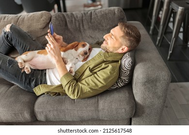 A Man Playing With basset Pet Dog At Home sofa using his cellphone - Shutterstock ID 2125617548