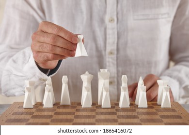 Man Playing Chess, Hand Close Up View. Victory Game.