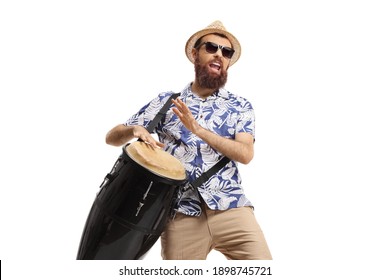 Man playing conga drums and singing isolated on white background - Powered by Shutterstock