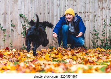 Man Playing With Dog Running At Him At Park With Autumn Leaves On The Ground - Young Man Laughing As Flurry Dog Run Toward Him To Play - Lifestyle And Animals Concepts