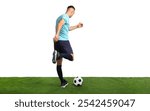 Man playing football with soccer ball on artificial grass against white background, back view