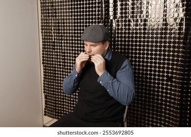 Man playing the harmonica, musician enjoying acoustic blues indoors, hobby involving skill and musical sound - Powered by Shutterstock