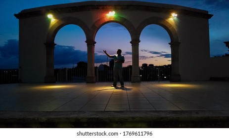 Man Playing A Monologue In An Open Theater. 