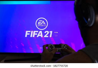 Man Playing New FIFA 21 Game By EA Sports, Sao Paulo, Brazil, 05/10/2020