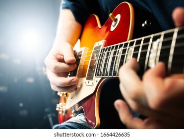 Man Playing On Guitar, Stage Light, Musical Concert Close Up View