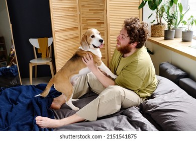 Man Playing With Pet On Bed