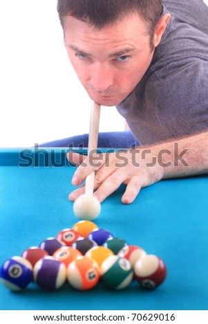 man playing pool age 30s isolated over white