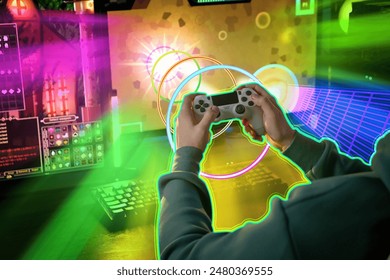 Man playing video game with controller at table indoors, closeup. Bright elements coming out from screen - Powered by Shutterstock