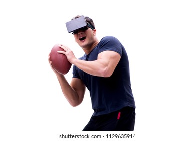 Man playing with virtual reality glasses on white background - Powered by Shutterstock