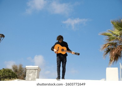 Man Plays Classical Guitar On A Day Stand In The Park