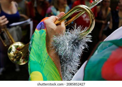 A Man Plays Trumpet During The Charanga Do Franca Carnival Block Party In Sao Paulo, Brazil.