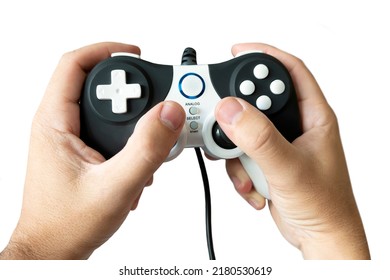 Man Plays Video Games With The Console. Hands With Game Pad Isolated On White Background. Gaming Concept.