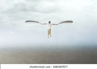 Man With Plumes Wings Fly In The Sky