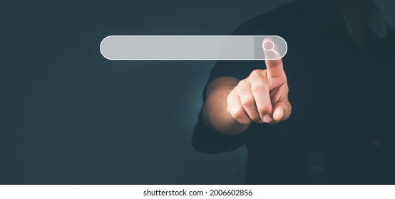 The Man Point To The Sign Of The Search Engine Optimization SEO Networking Concept.Searching Browser Of Internet Data Information With The Blank Search Bar.