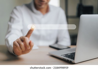 The man point to the sign of the Search Engine Optimization Concept. Searching Browser of Internet Data Information with the blank search bar. Virtual internet search.