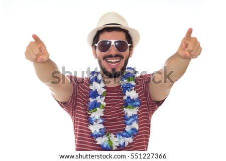 Man pointing with both hands, Looking very happy and excited. Wearing sunglasses, hat and flower necklace. White background.