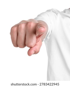 Man pointing at camera on white background, closeup