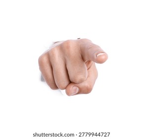 Man pointing at camera through hole in white paper, closeup