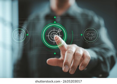 Man pointing at digital target icon with futuristic interface displaying performance metrics and dashboards.