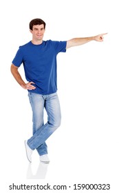 man pointing empty copy space isolated on white