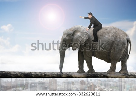 Man with pointing finger gesture riding elephant walking on tree trunk, with sunny sky cityscape background.