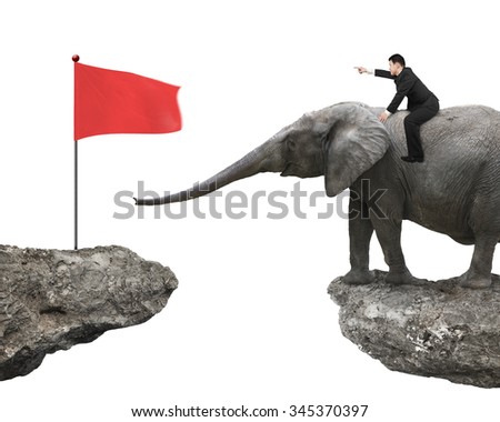 Man with pointing finger gesture riding elephant toward red flag on cliff, isolated on white background.