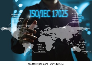 Man pointing finger at ISO IEC 17025 sign, depicts a world map, blue bokeh, and represents the process of lab management, testing, calibration services, and certification.
