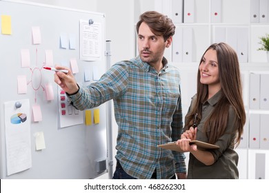 Man Pointing With Marker At Note On Whiteboard. Woman Looking And Taking It To Consideration. Concept Of Teamwork 