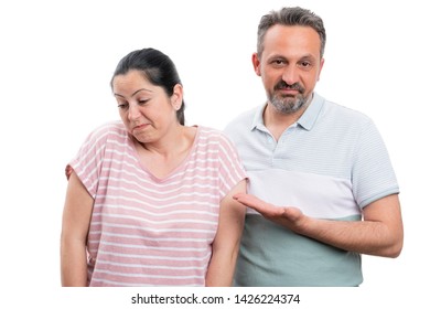 Man Pointing Palm And Presenting Woman With Disinterested Expression As Couple Concept Isolated On White Studio Background