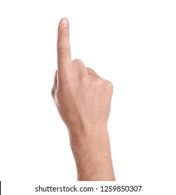 Man pointing at something on white background, closeup of hand - Shutterstock ID 1259850307