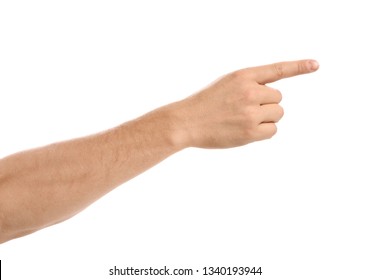 Man pointing at something on white background, closeup of hand - Powered by Shutterstock