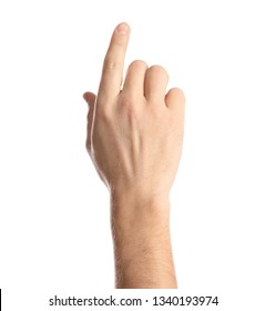 Man pointing at something on white background, closeup of hand - Shutterstock ID 1340193974