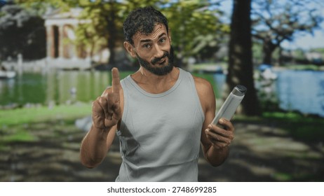 Man points finger while holding a shampoo bottle beside a lake in front of a neoclassical building and trees; playful.