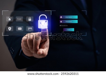 Man points at key security on virtual screen. The privacy protection safety from hackers. Press the password for identity shield. Internet and online crime block from thief. 