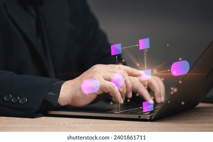 Man points at virtual four-chart screen using notebook. Concepts regarding work planning. Strategy of work plan diagram. Work flow solution. Chart of work and success map.