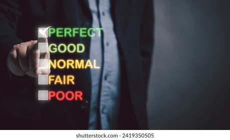 man points at virtual screen indicating satisfaction level of service. Service opinion survey Answering questionnaires. Feedback for service quality rating. Good positive from customer. performance.
