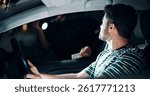 Man, police and stop for drivers license of car, registration check and traffic warning. Person, law enforcement and identity for drunk driving, fine penalty and transport risk for violation at night