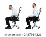 Man with poor and good posture sitting on chair on white background, collage of photos