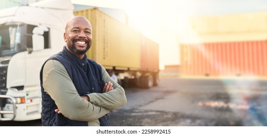 Man, portrait and arms crossed by truck, container stack and happy for transport job. Driver, smile and shipping cargo freight with happiness in transportation service, stock delivery or supply chain - Powered by Shutterstock