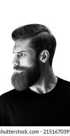 Man Portrait. Black And White Portrait Of Hipster Young Good Looking Man After Visiting Barber Shop. Trendy And Stylish Beard Styling And Cut. Isolatrd On White Background