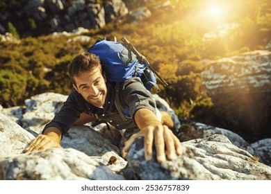 Man, portrait and climbing on mountain outdoor of fitness adventure, sport challenge and hiking. Male person, backpack and rocks support with trekking, balance and exercise activity of nature explore - Powered by Shutterstock