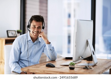 Man, portrait and computer with headset for crm, customer service and telemarketing and call center. Office, smile or technology for communication for help, support and male person or agent for sales - Powered by Shutterstock