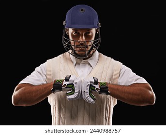 Man, portrait and cricket player with sports gloves in studio for professional competition, training or exercise. Male person, face and protection on black background, pitch gear or mockup space - Powered by Shutterstock