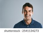 Man, portrait and dental in studio for teeth whitening, space and oral cleaning with healthy mouth. Male person, smile and healthcare on gray background for tooth implant, veneers and orthodontics