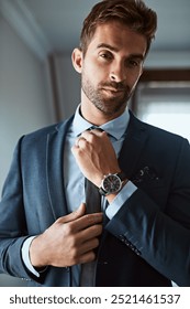 Man portrait, fixing tie and getting ready in home, business fashion and preparation for job interview. Male person, corporate and designer style for recruitment opportunity, confident and accessory